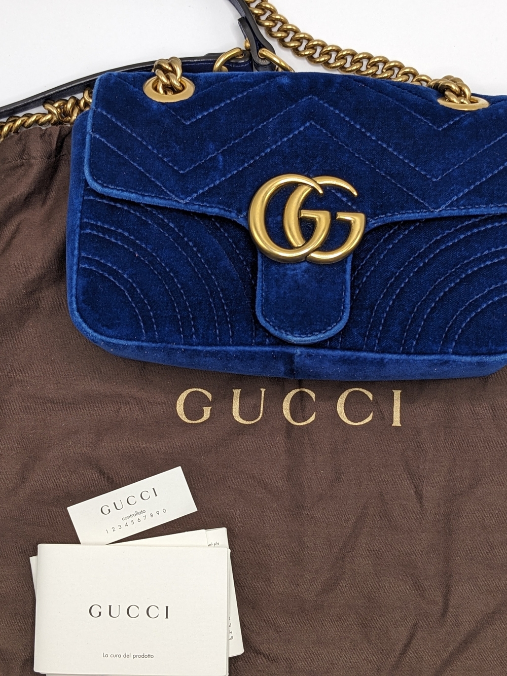 Gucci GG Marmont Mini Blue Velvet Matelassé Shoulder Bag